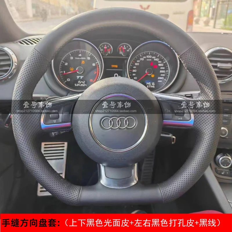 For Audi A3 S3 (8P) Sportback 2008-2012 R8 TT TTS (8J) 2006-2014 Hand-stitched Black Red Genuine Leather Steering Wheel Cover