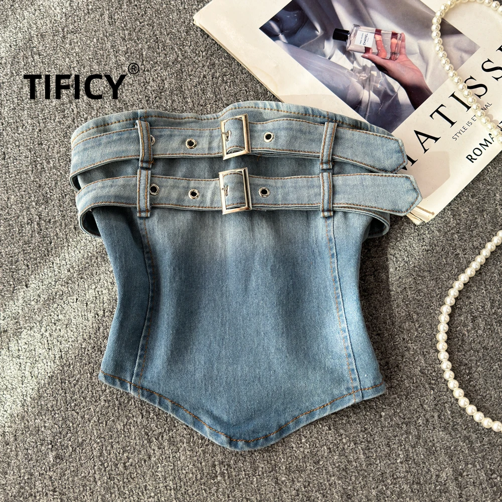 

Irregular Gradient Denim Camisole Vest for Women's Outdoor Wear Summer Design Sense Temperament Strapless Tank Crop Top