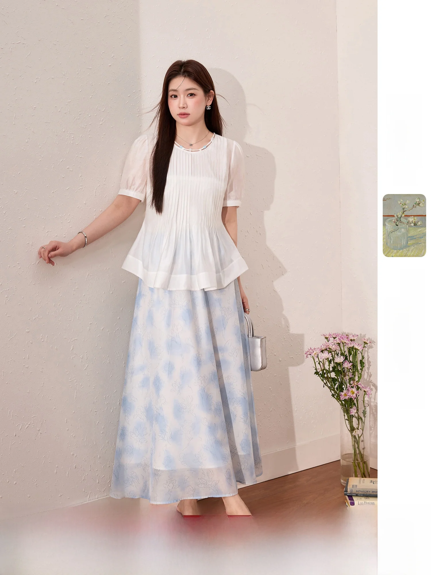 

Monet Collaborative Large Size Women's Faion Summer Outfit with Floral Print Silk f Skirt And ort Sve Top