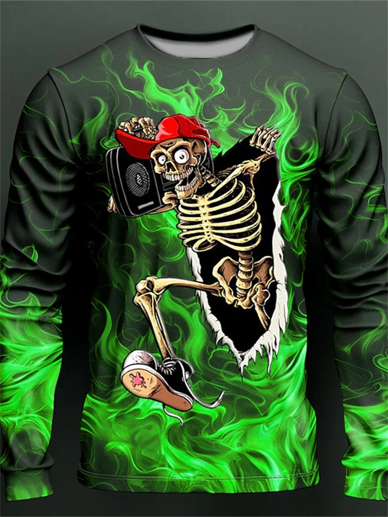 Retro 3D Full Print Long Sleeve T-shirt Mens Y2k Vatage Skeleton Skulls Graphic Harajuku Tee Tops Casual Harajuku Men\'s Clothing