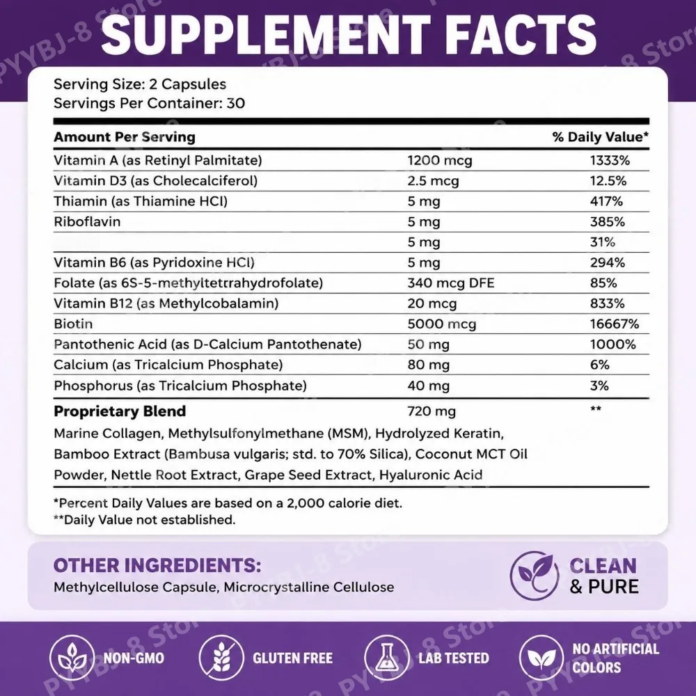 Biotin Collagen Keratin Capsules, Support Healthy Hair Strong Nails Radiant Skin, 25000mcg Beauty Complex,Sugar Free,60 Capsules