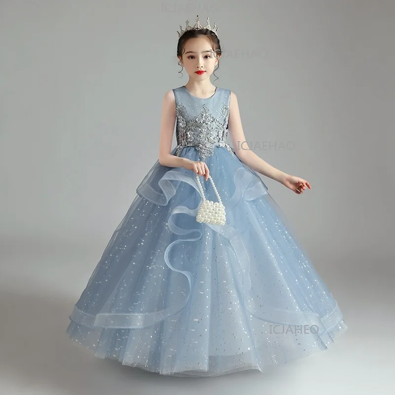 2026 Children Blue Sleeveless Long Kids Formal New Wedding Flower Girl Party Banquet CostumeTutu Piano Performance Girls Gown