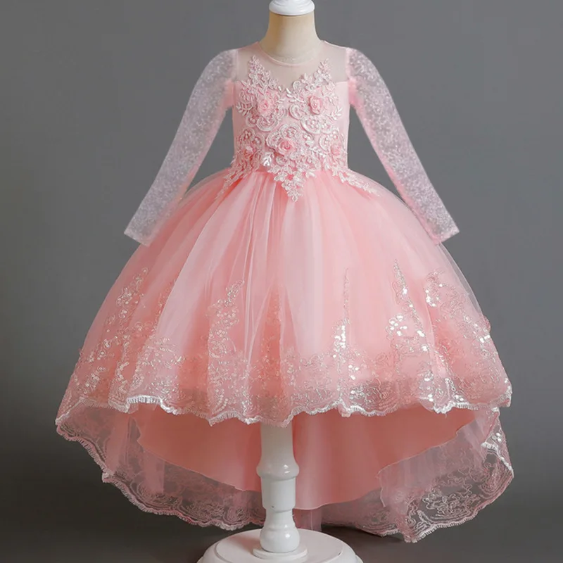 

2024 New Arrival Party Birthday Girls' Dress Long Sleeved Trailing Princess Dress Mesh High-end Dress Piano Dress