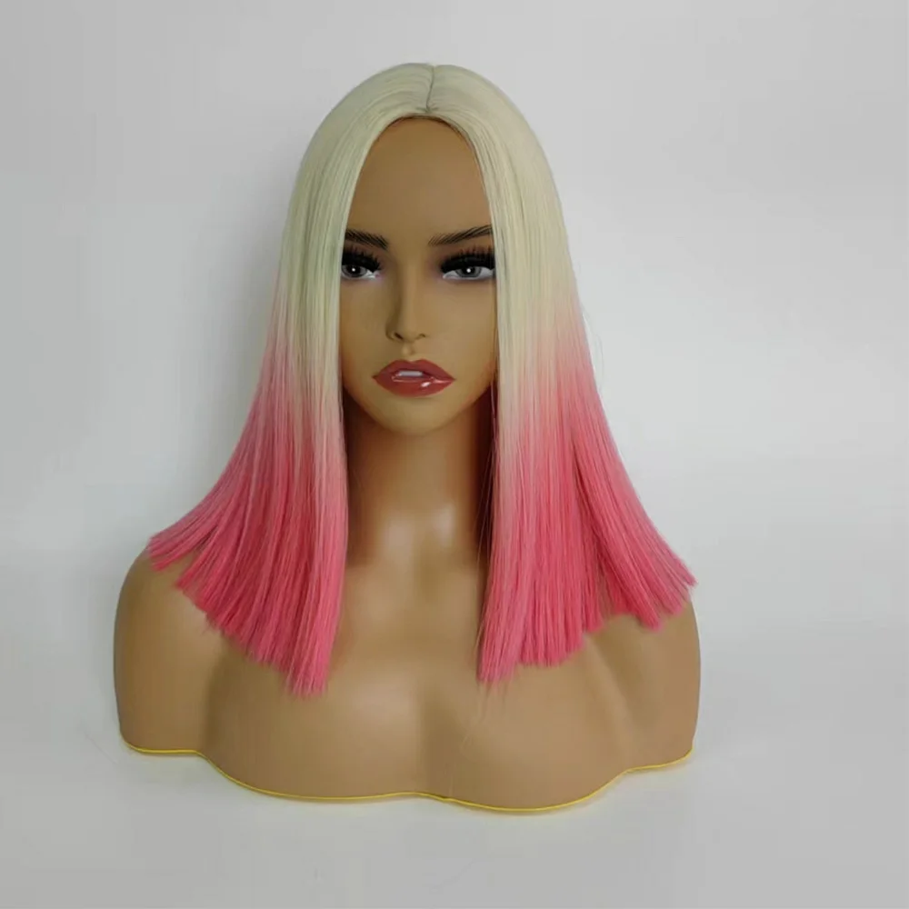 WHIMSICAL W Synthetic Short Blonde Orange Cosplay Wig Straight Bob Wigs for Women Middle Part Natural Blonde Pink Red Hair Wigs