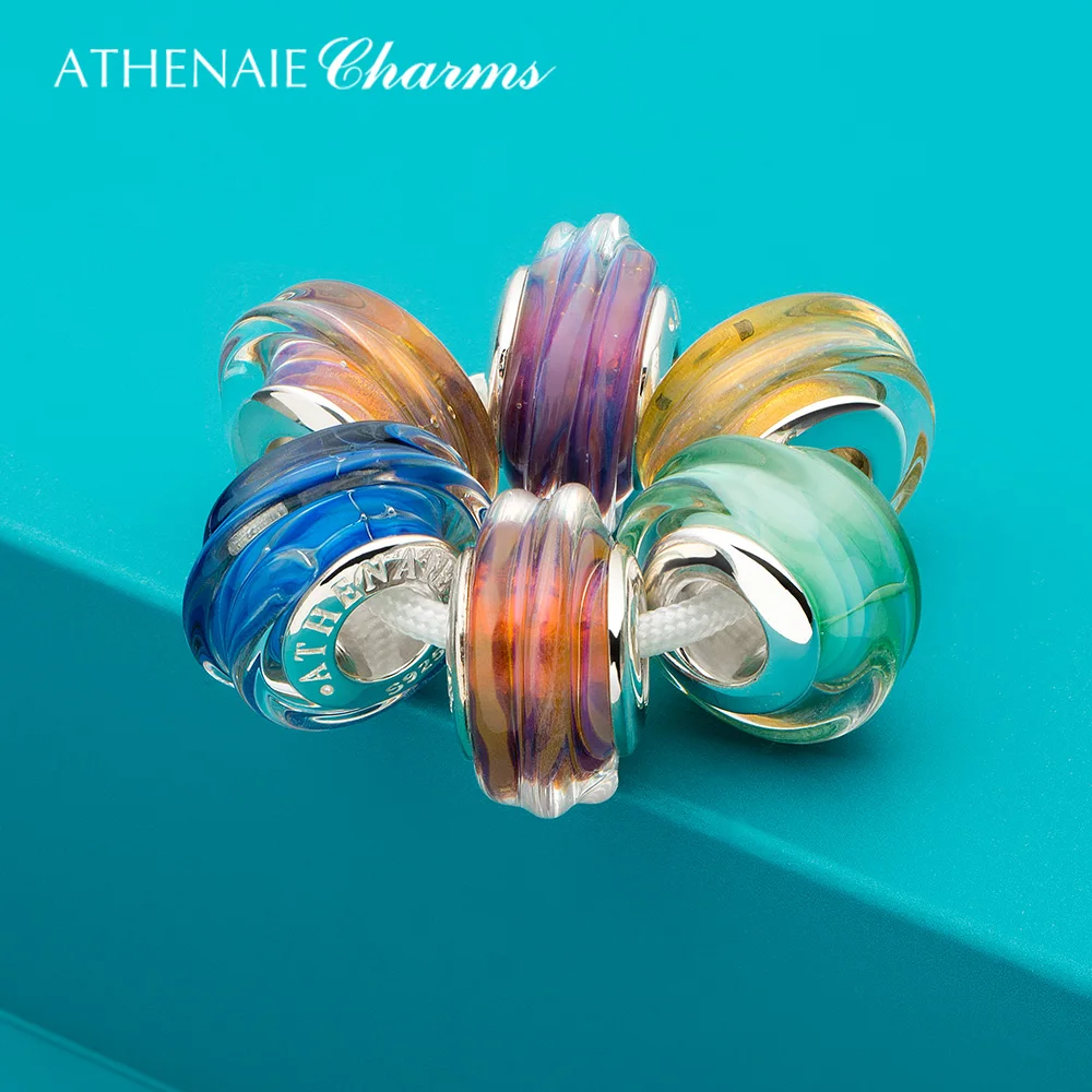ATHENAIE Classic Purpl Striped Genuine Murano Glass Charms Bead with 925 Silver Core fit European Bracelet Gift for Women