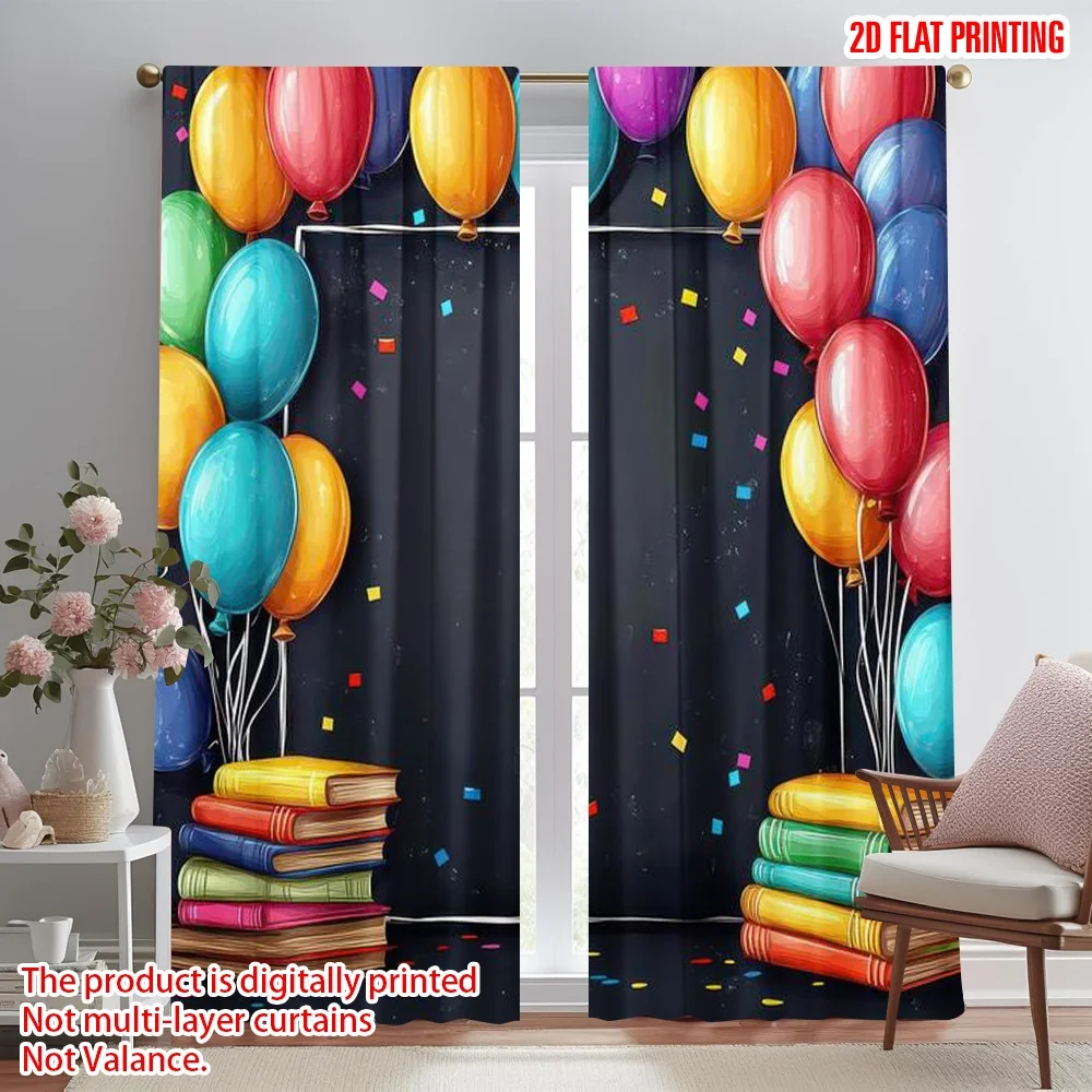 

2D flat printing 2pcs Curtains Birthday Balloons and Books Digital Printed Polyester Drapes Party Decorations Perfect for Yard &
