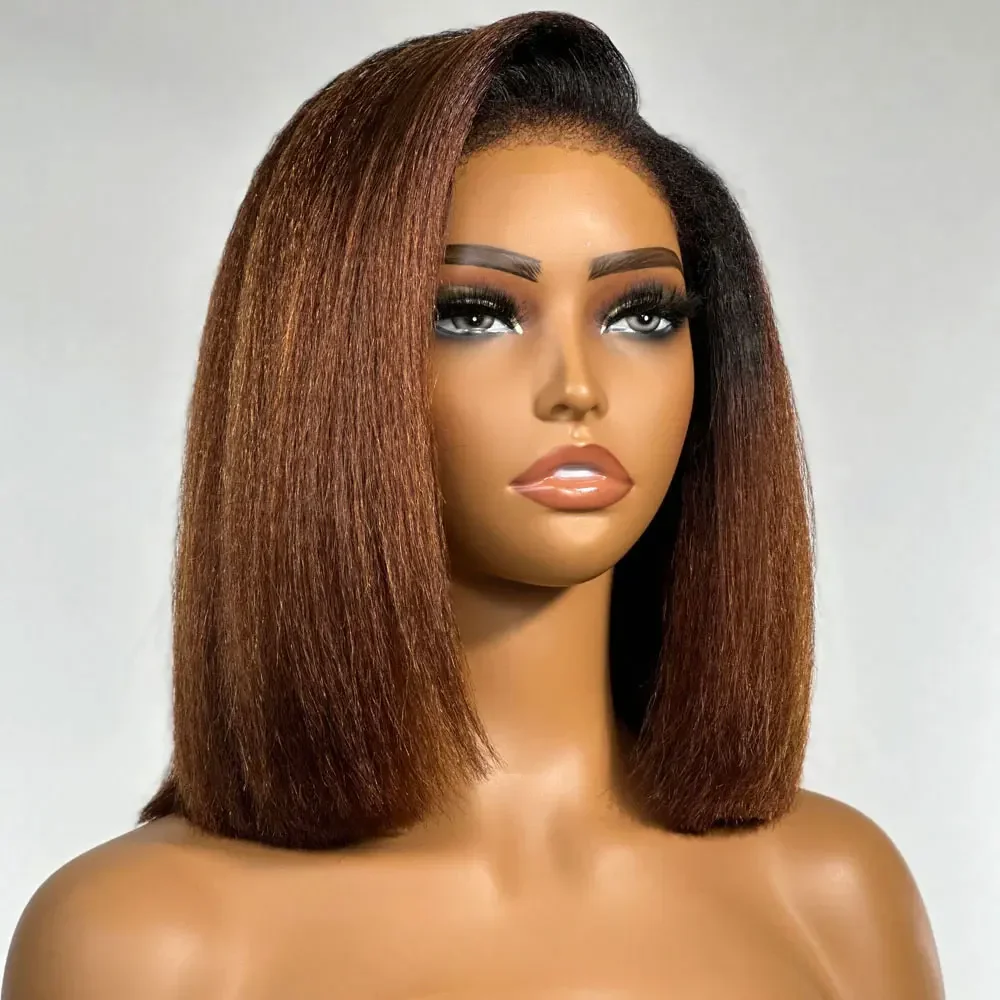 Yaki Preplucked Glueless Long Ombre Brown 180%Density Short Bob Kinky Straight Lace Front Wig BabyHair Natural Hairline Daily