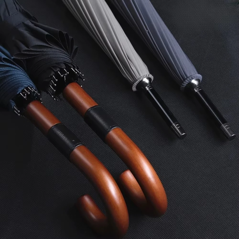 Windproof Long Umbrella 16 Bones Business Bumbershoot Luxury Ultraviolet-Proof Automatic Anti Slip Fibre Wooden Handle Umbrellas