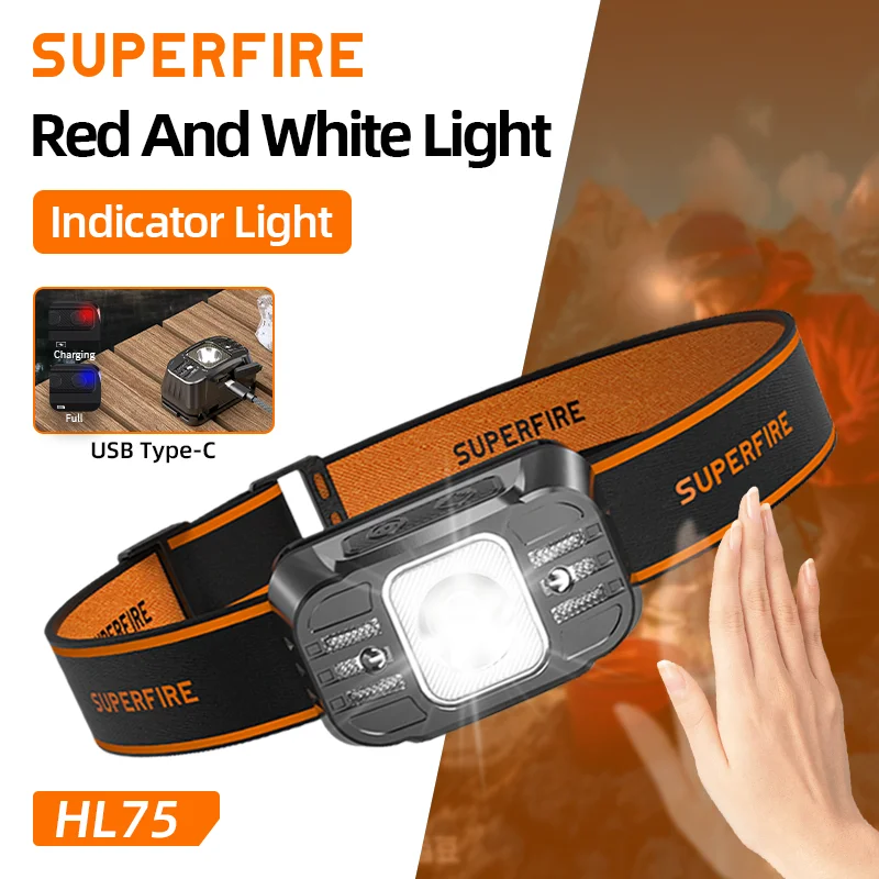SUPERFIRE HL75-S Мини-светодиодный USB перезаряжаемый мощный мини-налобный фонарь с датчиком света, передний фонарь для работы, рыбалки, Hea