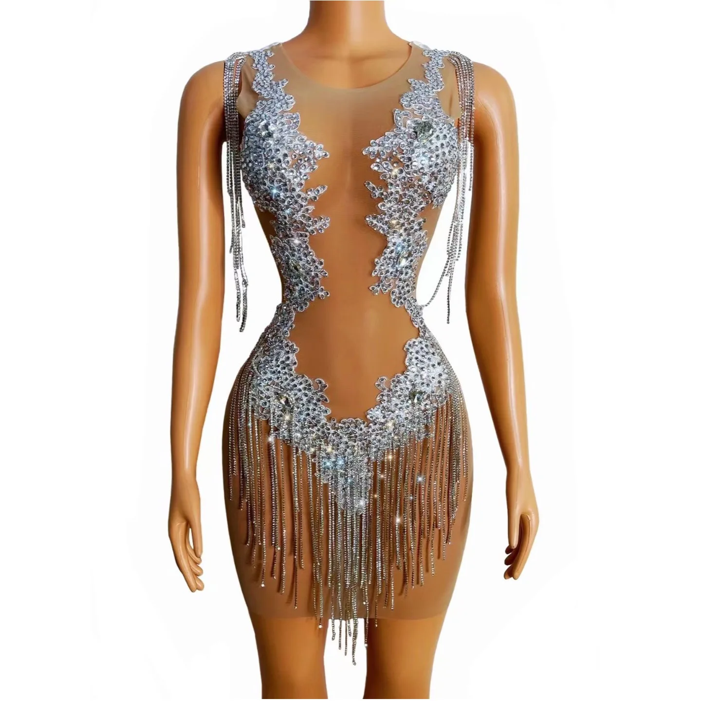 

Nude Gauze Shining Rhinestones Tassel Sleeveless Sexy Sheath Dress For Women Nightclub Party Clothing Singer Music Costumes