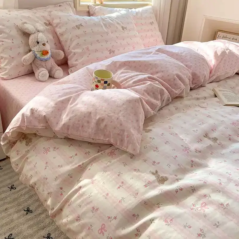 Cute Pink Bear Bedding Set Soft Kids Adult Single Double Queen Size Duvet Cover Flat Sheet Pillowcase Home Totel Bed Linens