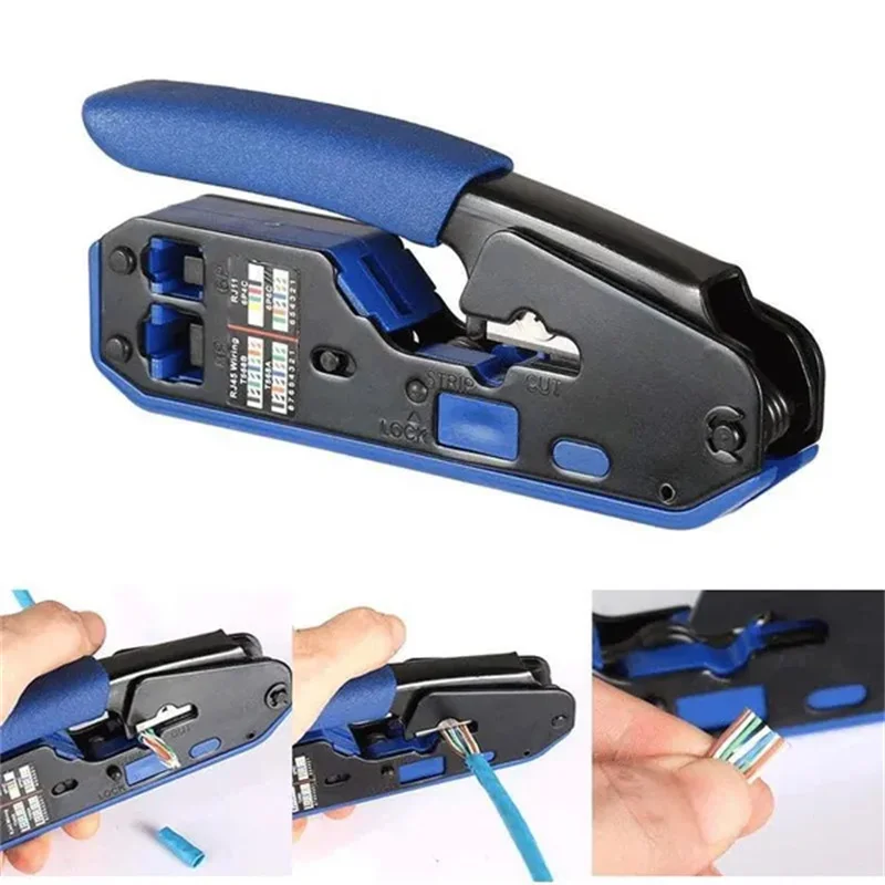 Kit de Ferramentas de Crimpagem Profissional Rj45 Alicate de Cabo de Rede Dobrável com Cortador de Fio e Descascador Ethernet Passagem