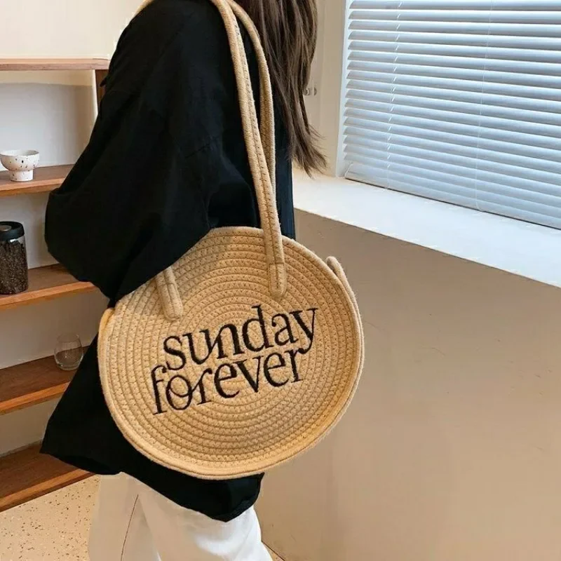 

Korean Style Purse,Fashionable an Roomy Woven Tote Bag with Embroidered Letters for Women,Shoulder Bag with Rural Vacation Style