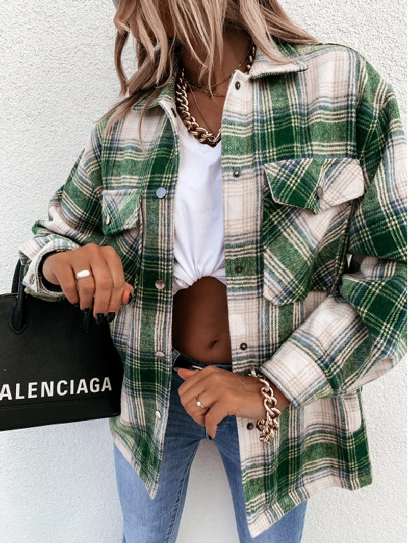 Instagram influencer autumn and winter loose fitting retro plaid long sleeved shirt jacket women\'s metal buckle wool jacket