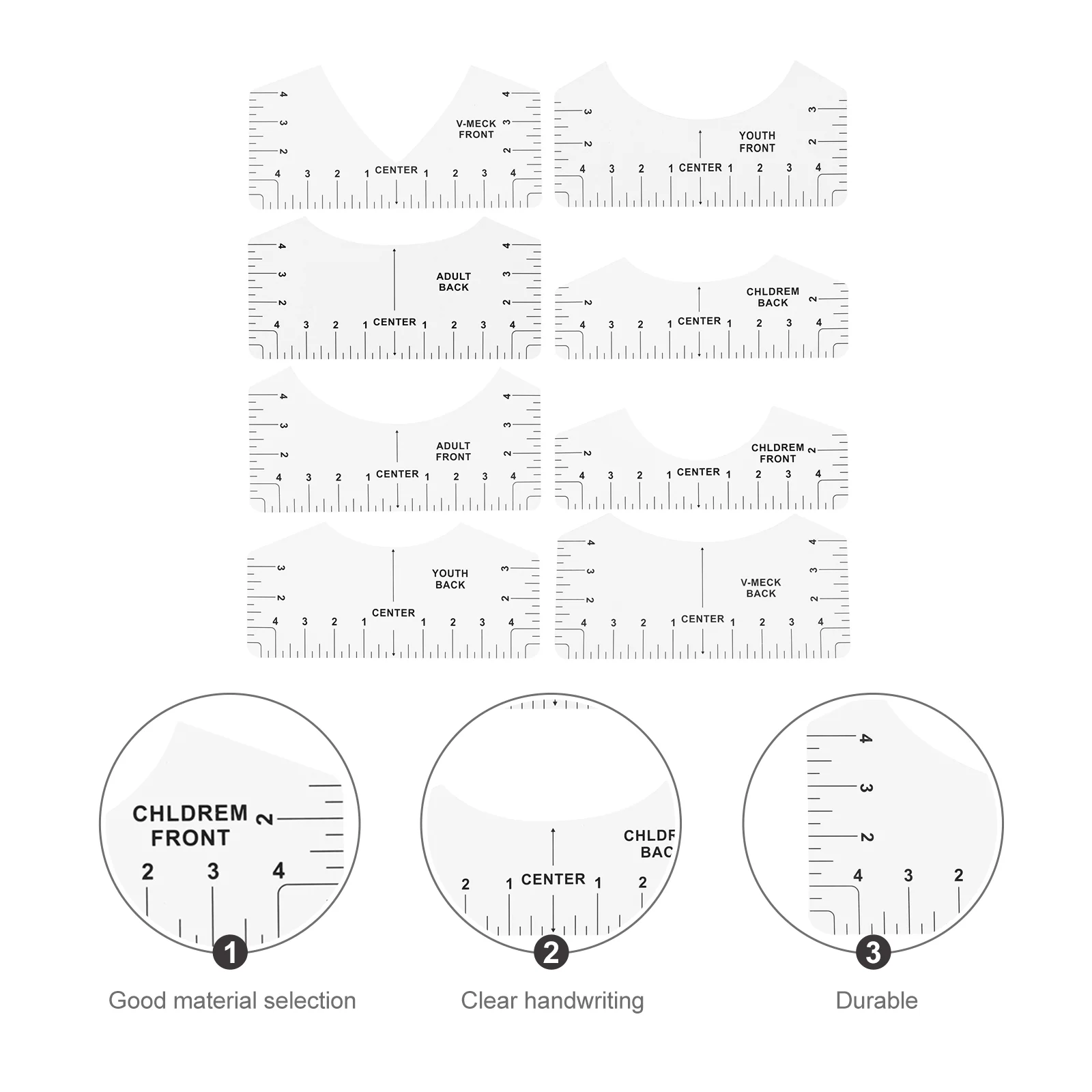 Guide de règle en vinyle pour t-shirt, tableau des tailles, col rond, vêtements de tailleur transparents, 11%, 8 pièces