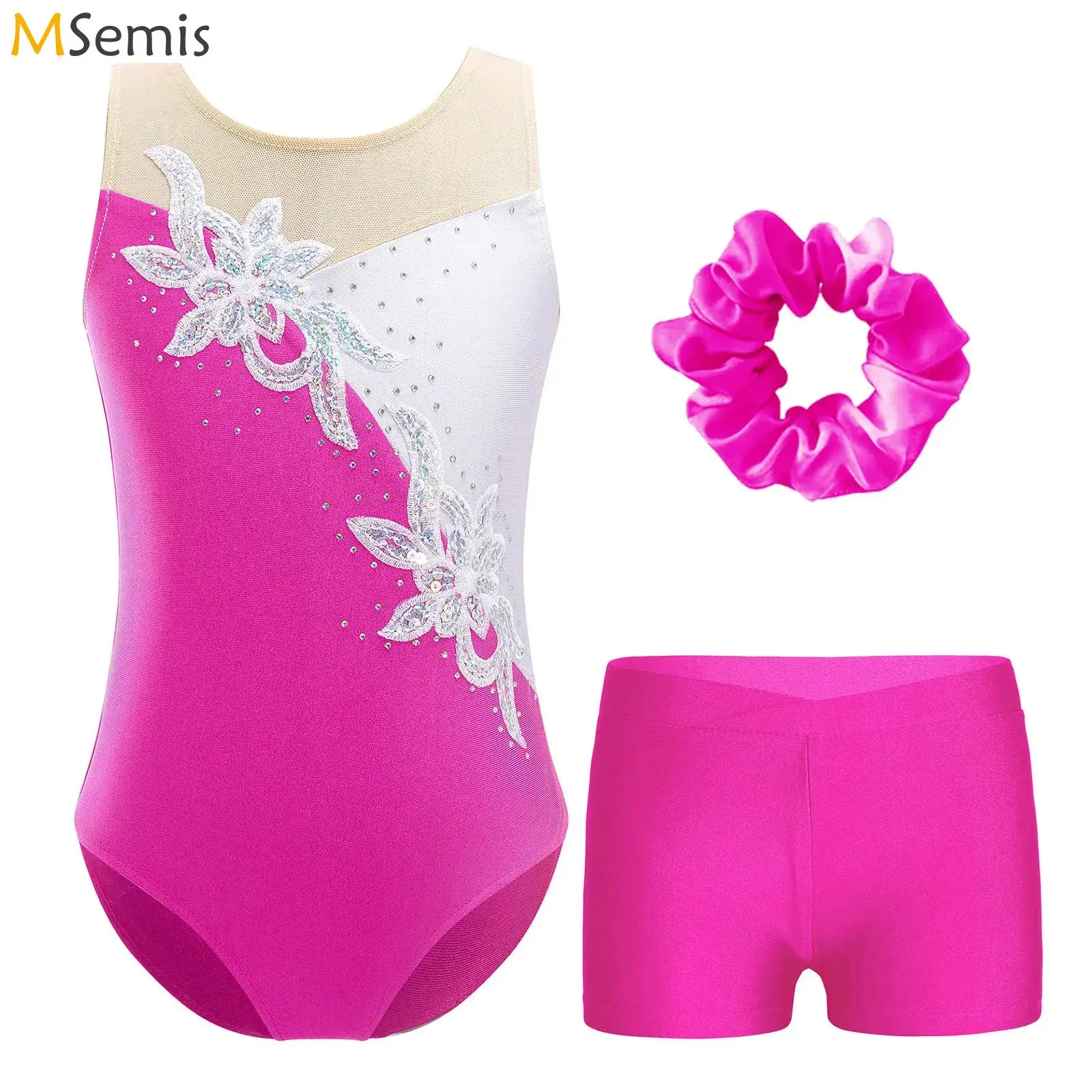 

Kids Girls Ballet Sleeveless Glittery Sequins Rhinestones Patchwork Leotard with Shorts Hair Band for Dance Gymnastic Skating