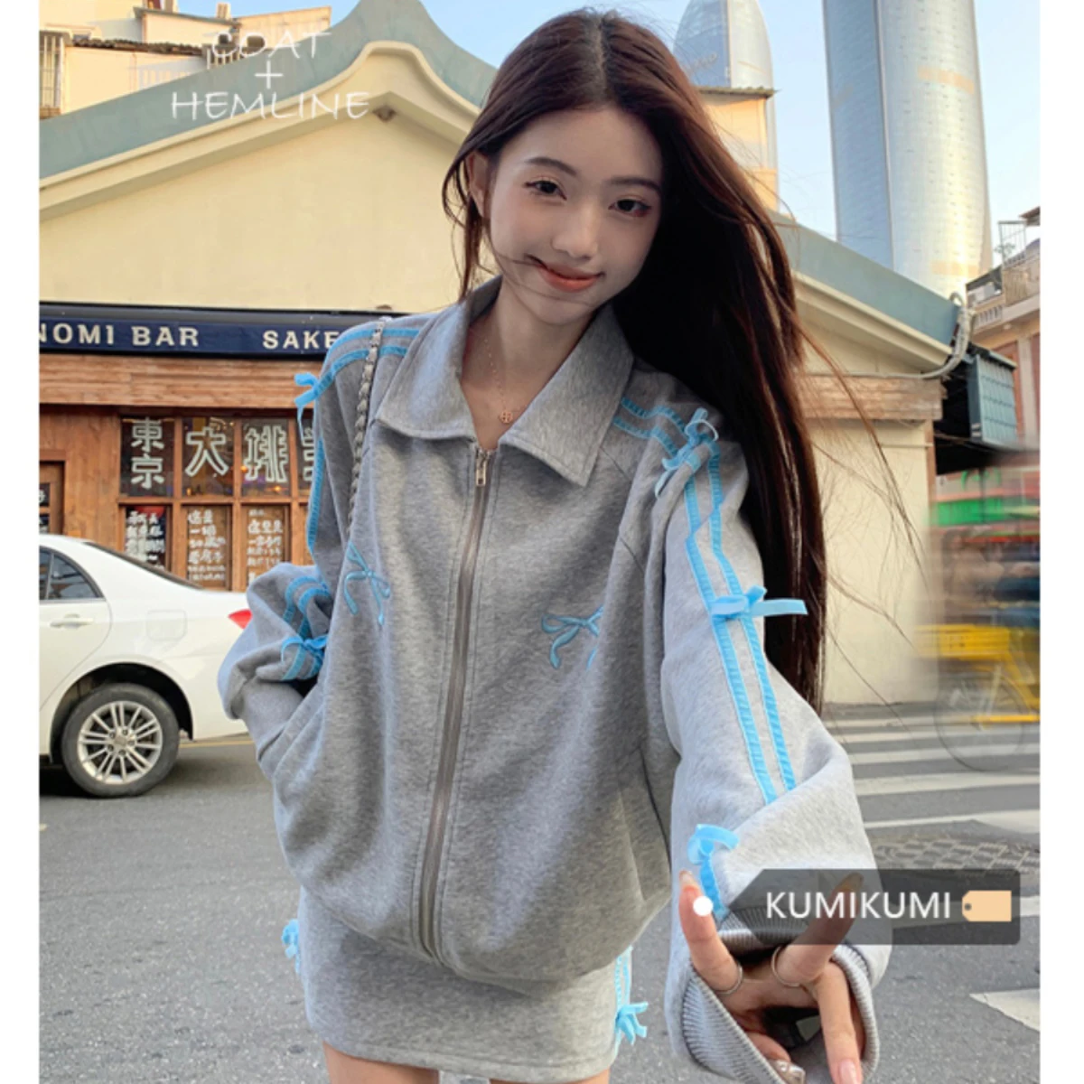 Grey Hoodie Set Women Spring Autumn Bow Embroidery Turn-down Collar Zipper Loose Coats Casual Skirts Chic Sweet Two Piece Set