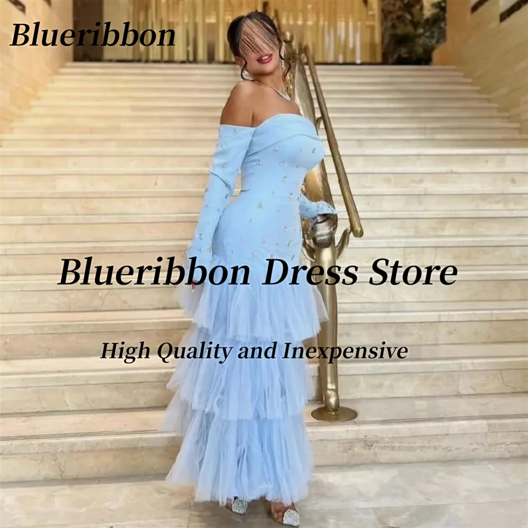 Blueribbon-vestidos de tul escalonados de sirena, vestidos de graduación sin tirantes de manga larga con cuentas de lujo para fiesta de cumpleaños, vestidos formales de Arabia Saudita