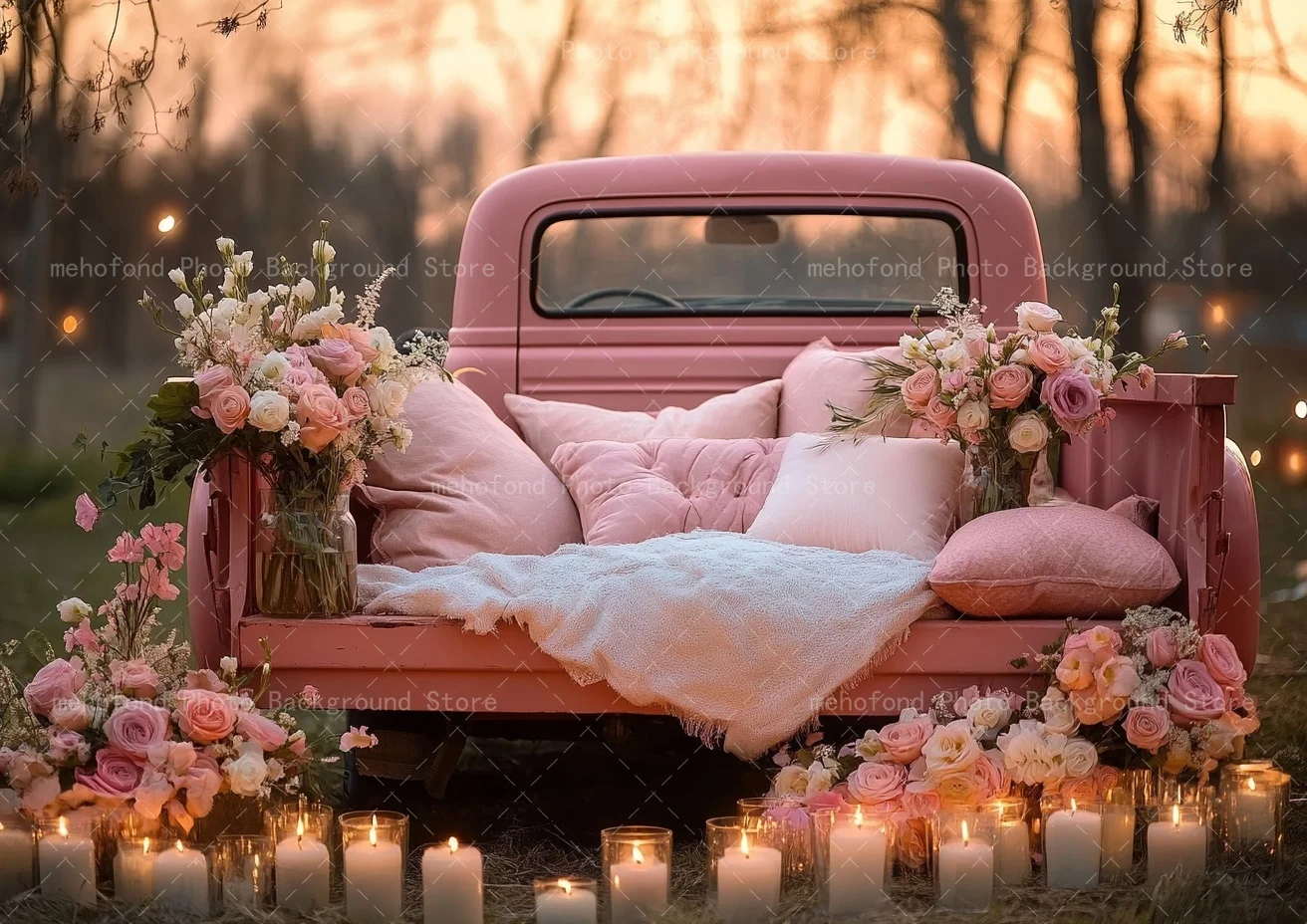 Mehofond Photography Background Romantic Valentine's Day Rose Pink Car Sunset Candlelight Kids Family Portrait Backdrop Decor