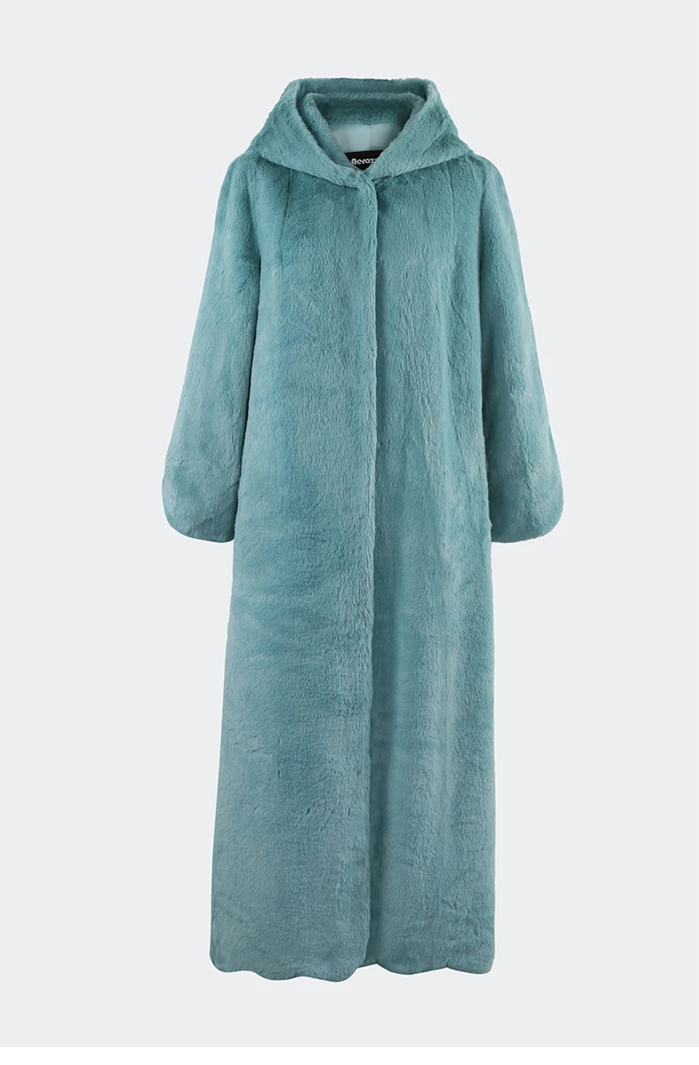 Nerazzurri Autumn Winter Extra Long Luxury Elegant Thick Warm Black Soft Fluffy Faux Rex Rabbit Fur Coat Women with Hood Sashes