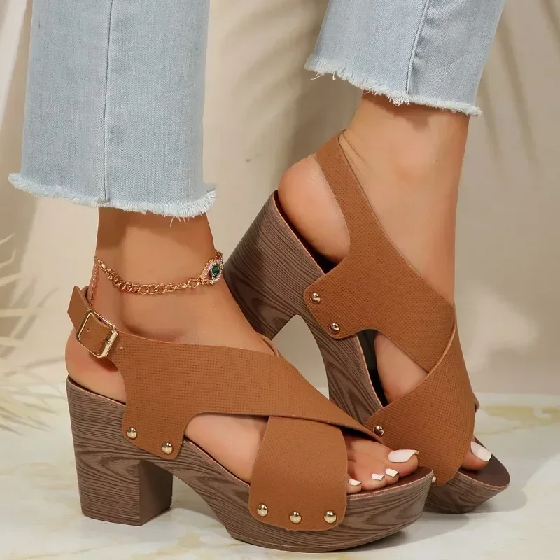 

Ladies Shoes 2025 High Quality Buckle Women Sandals Summer Rome Open Toe Solid Outdoor Platform Chunky Heels Large Size Sandals