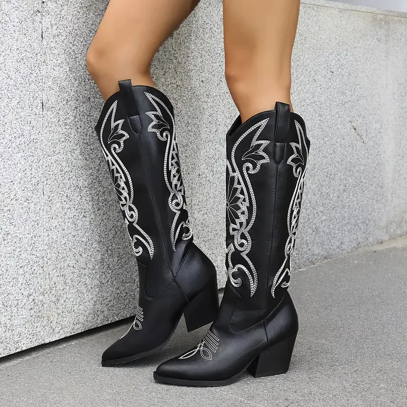 Women's Knee High Western Cowboy Boots Vintage Embroider Block Chunky High Heels Pointed Toe Pull On Fashion Cowgirl Boots