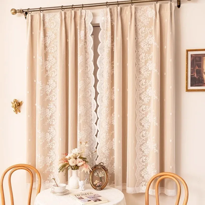 French Romantic Blackout Lace Double Layer Cloth Yarn Curtains for Living Room Bedroom Window Small Window Seamless Design