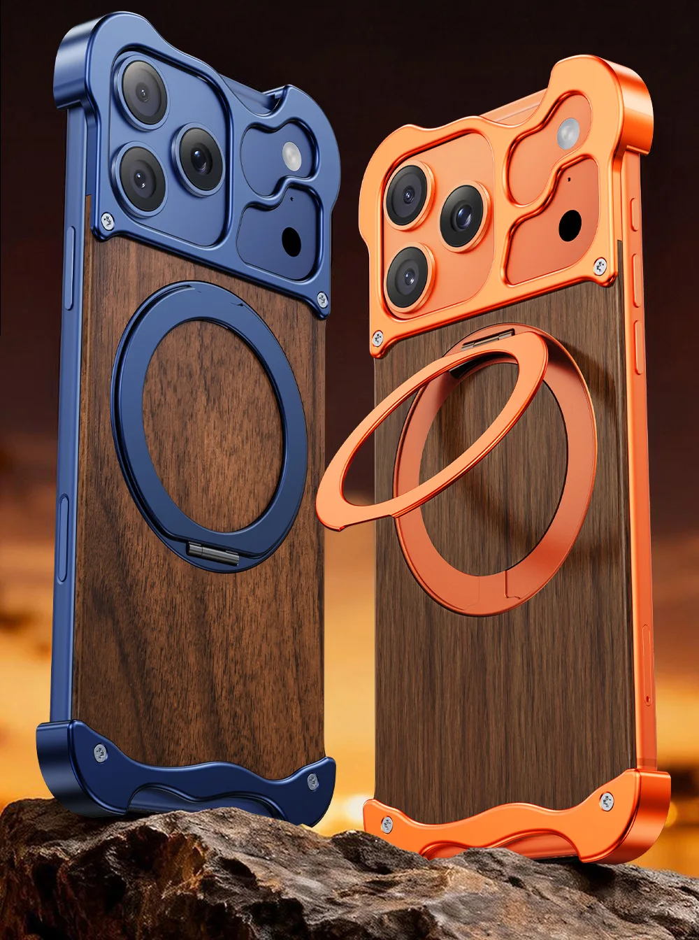 

Alien metal integrated magnetic shell for iPhone 17Air 17Pro Max 16 Pro Max 15Pro Max rotating bracket solid wood backboard