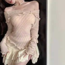 Off Shoulder Sweet Sweaters for Women 2023 Autumn Female Korean Fashion Sweater Clothes Long Sleeve Knitwear Pullover Short Tops