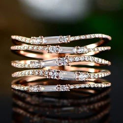 Huitan Stylish Luxury Multilayer Finger Ring Lady Gorgeous Wedding Party Jewelry with Shiny Zirconia Rose Gold Color Accessories