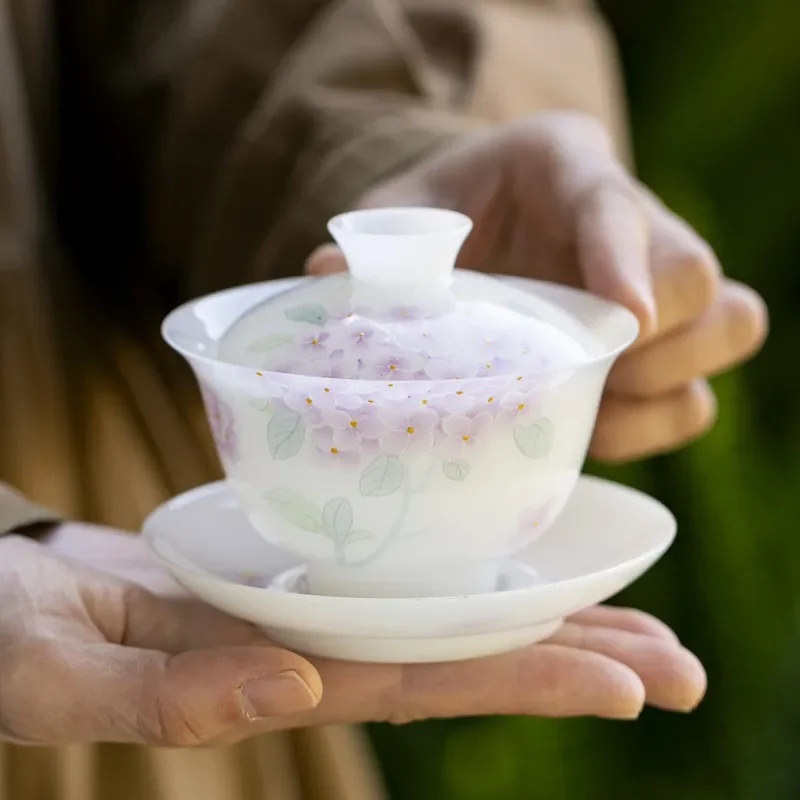 Hand Painted Purple Hydrangea White Jade Porcelain Kung Fu Tea Set with Cover Bowl and Teacups Elegant Household Gift Box