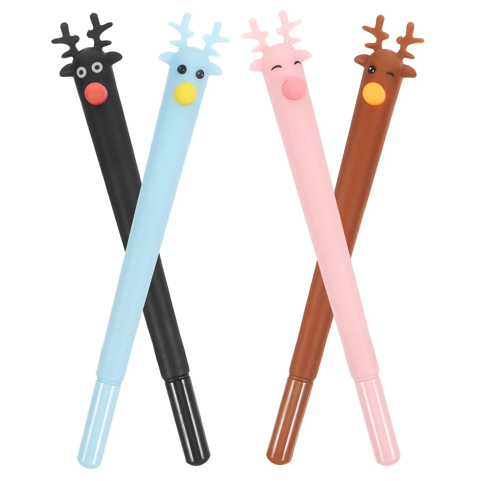 

4Pcs Deer Design Ballpoint Pen Set Blue Black Brown Pink Colors Smooth Writing Cartoon Stationery for School Office Gift