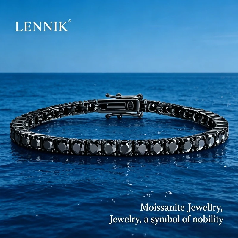 LENNIK  3mm 4mm Black Moissanite Tennis Bracelet Full Diamond GRA 925 Sterling Silver Plated 18k Hiphop Bracelets for Women Man