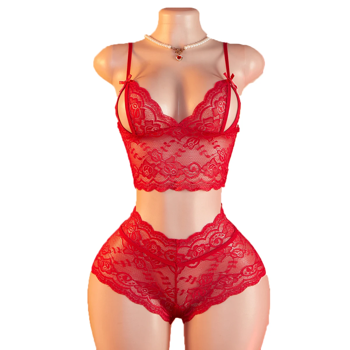 

Bra Two-piece Set With Bow Print, Adult Sexy Romantic Lingerie, Fashionable Women's Lace Semi Transparent Without Steel Ring