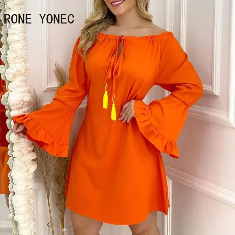 

2023 Women Elegant Solid Off Shoulder Lace Up Flare Sleeves Summer Vacation Casual Dress