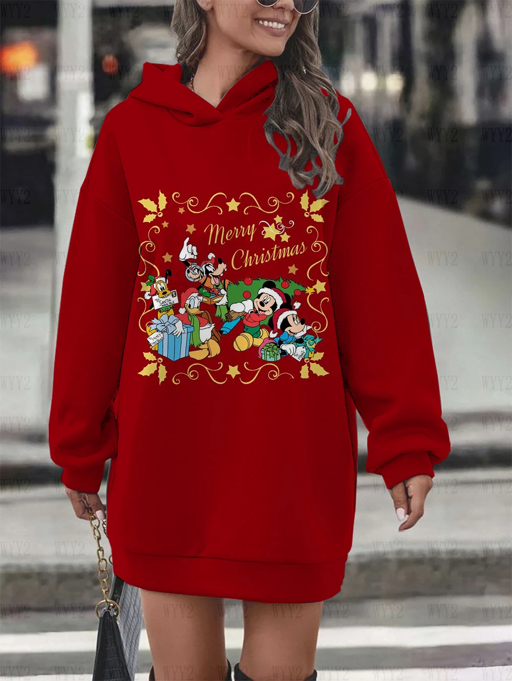 Autumn and winter hot sale Christmas Disney Mickey Minnie print women's fashion simple hooded dress new loose casual pullover