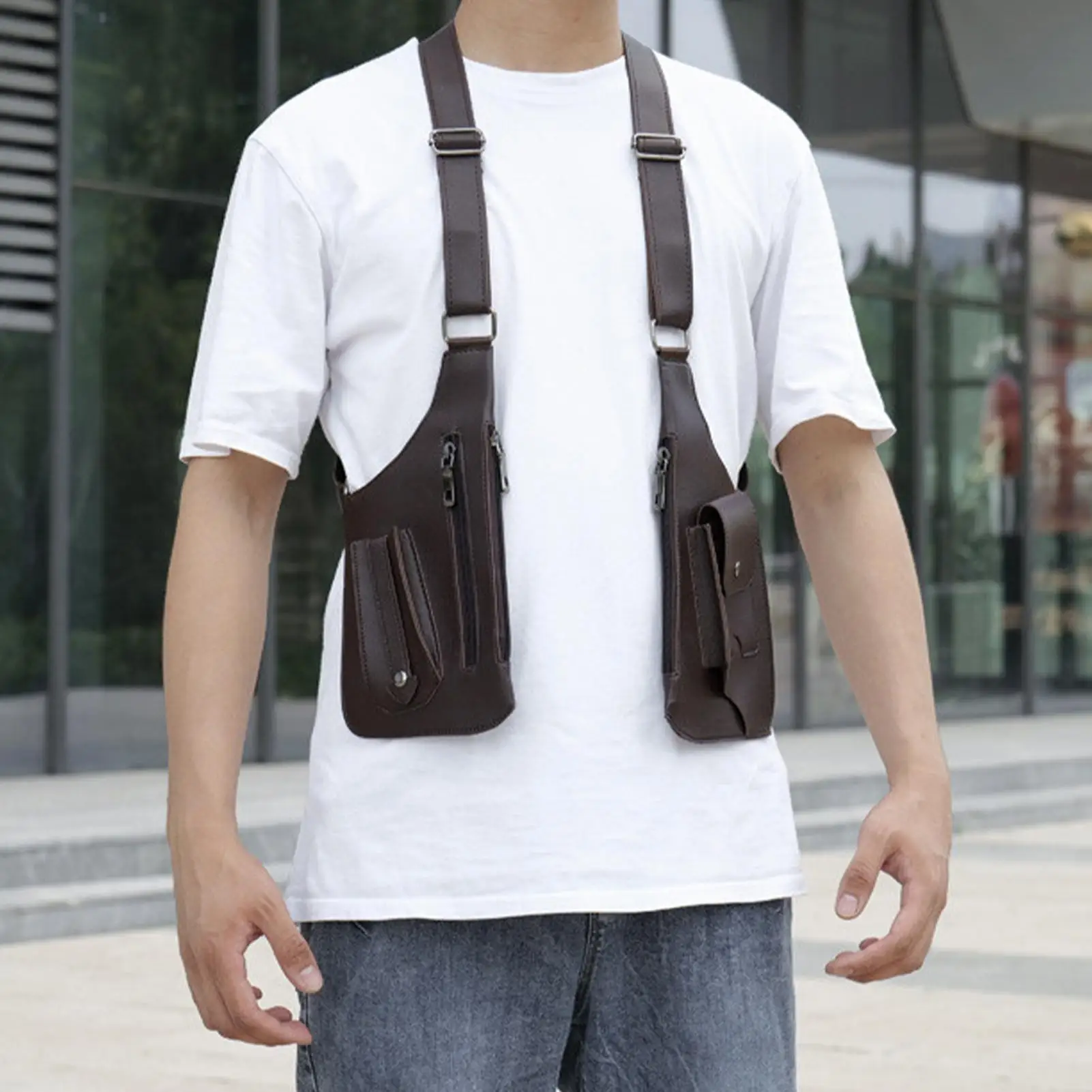 Mens Crossbody Chest Bags Anti Theft Harness Double Shoulder Strap Multi-pocket Outdoor Anti-theft Tacticals Bag PU Waterproof