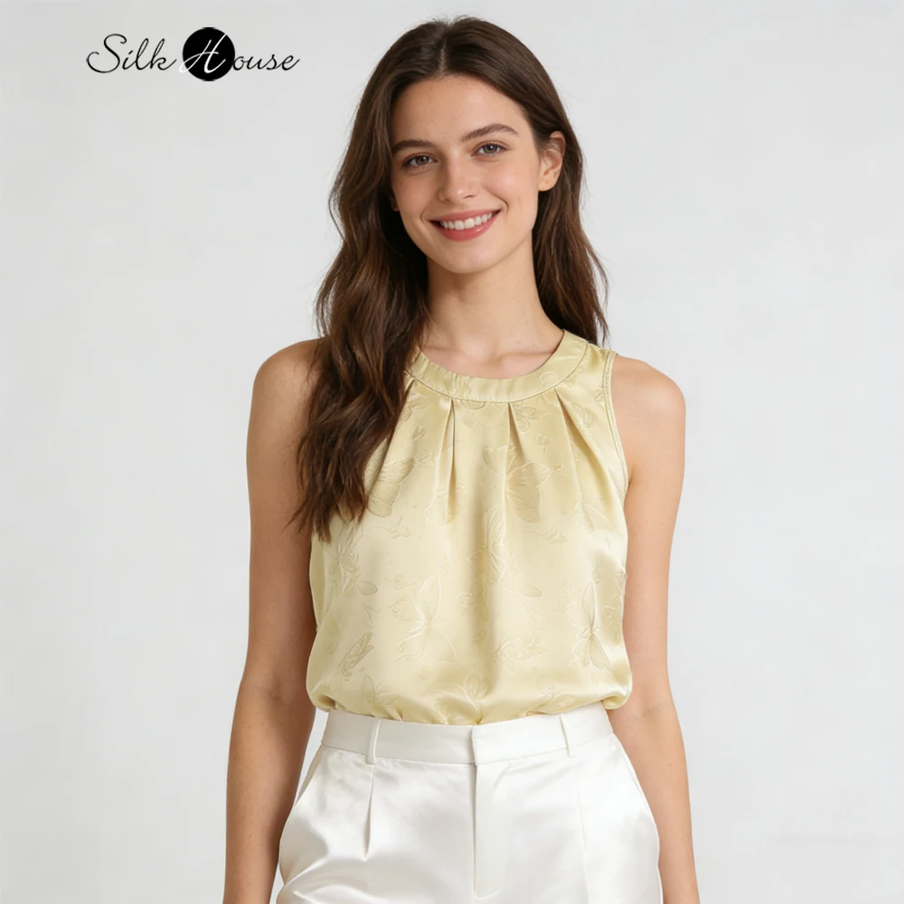 

Высокоэффективная женская летняя одежда: 100% натуральный шелк тутового шелкопряда, топ с круглым вырезом и цветочным узором, приятный для кожи, в отпускном стиле