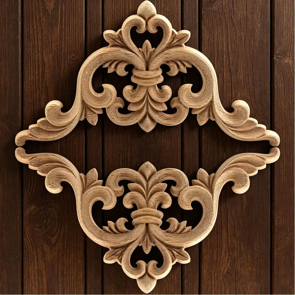 4PCS Wood Woodcarving Flower Patch European Figurines Wooden Furniture Door Decals Background Decoration Floral Applique Bed
