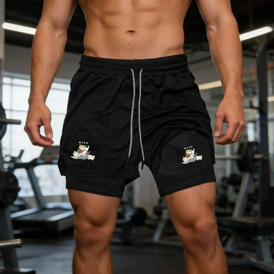 

Mens Stacked Cats Meow Graphic 2-In-1 Quick Dry Sports Shorts For Gym Running