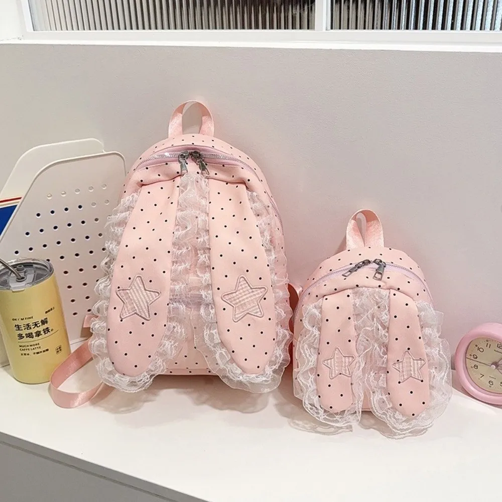 Fashion Polka Dot Bunny Ear Lace Backpack Large Capacity Lightweight Lace Ruffle Backpack Fashion Daypack Women and Girls