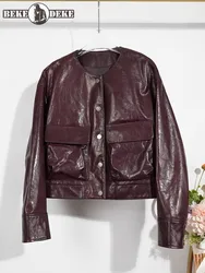 Autumn New Designer Women O Neck Single Breasted Sheepskin Genuine Leather Jacket Pockets Motorcycle Windproof Outwear Coats