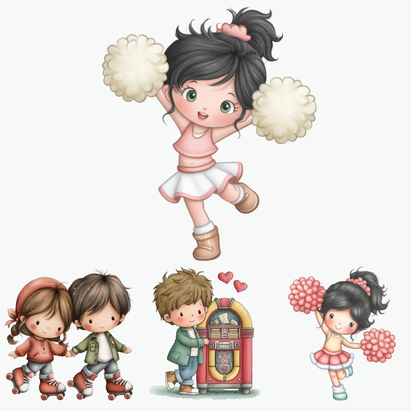 2PCS Cute Children Cheerleader Jukebox Roller Skating iron on patches DTF Patches for clothes Iron-on transfers for clothing