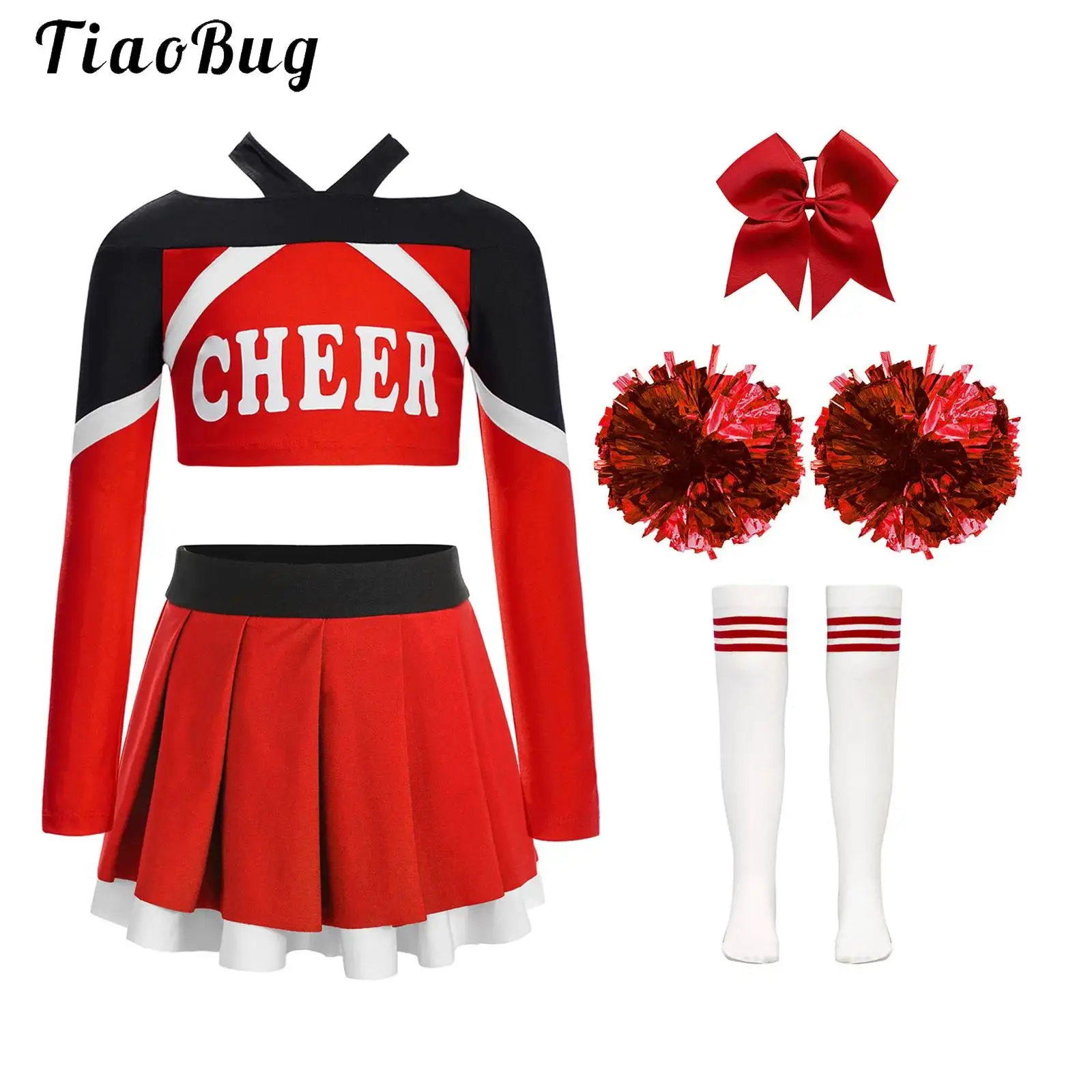 

Girl Cheerleading Costumes 4Pcs Outfits Long Sleeve Crop Top with Pleated Skirt Hand Flowers Socks Headwear Cheer Dance Uniform