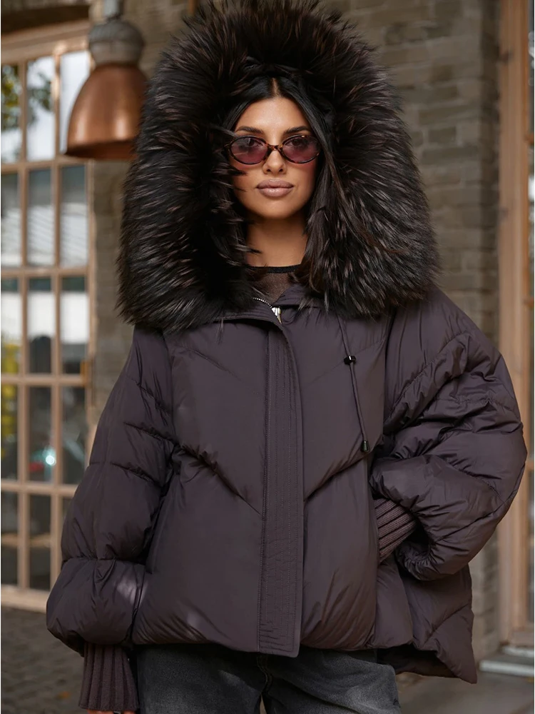 Women Winter Goose Down Jackets Real Fox Fur Collar Hooded Thick Natural Raccoon Fur Female Outwear Warm Loose Puffer Coats