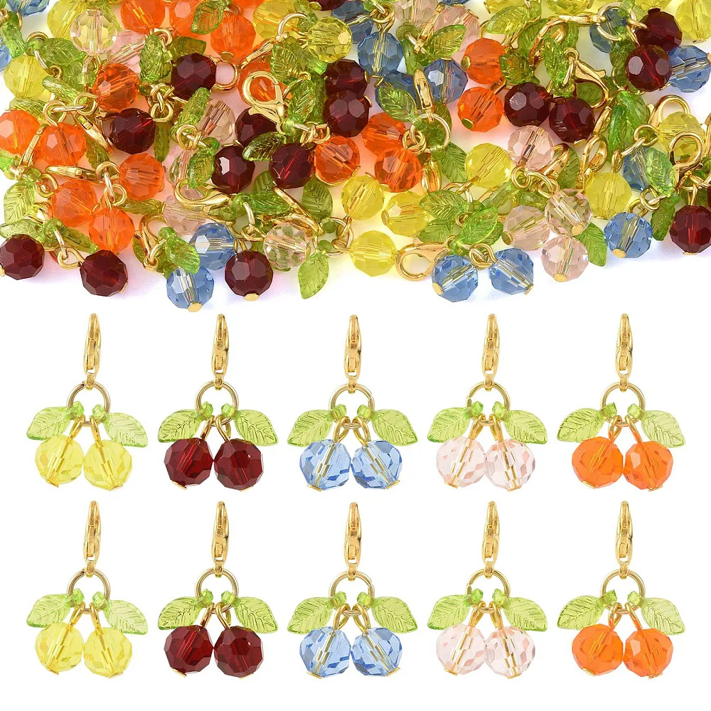 50pcs Multicolor Leaf Cherry Glass Acrylic Charms Leaves Decoration w/ Zinc Alloy Lobster Claw Clasp for Jewelry Bracele Making