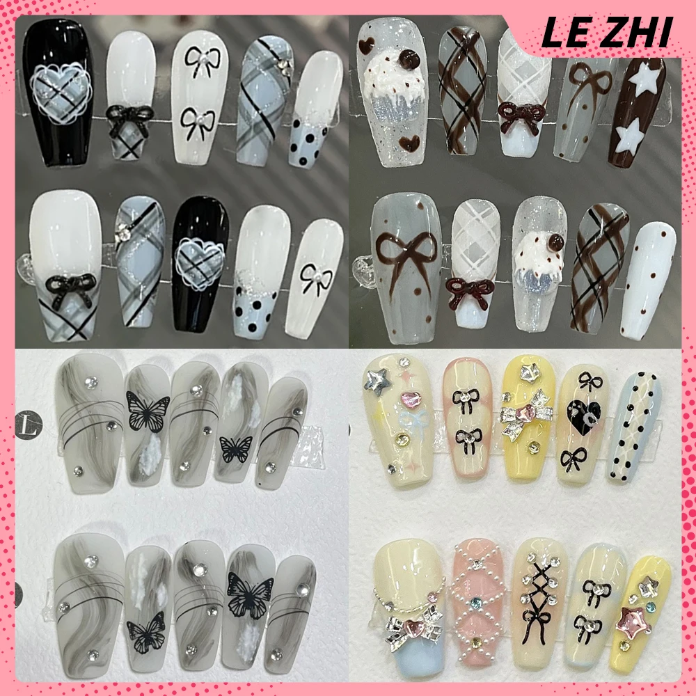 

10Pcs Sweet Cute Long Coffin Handmande Wearable Press On Nails 3D Bowknot Diamond Pearl Flash French Full Cover False Nail