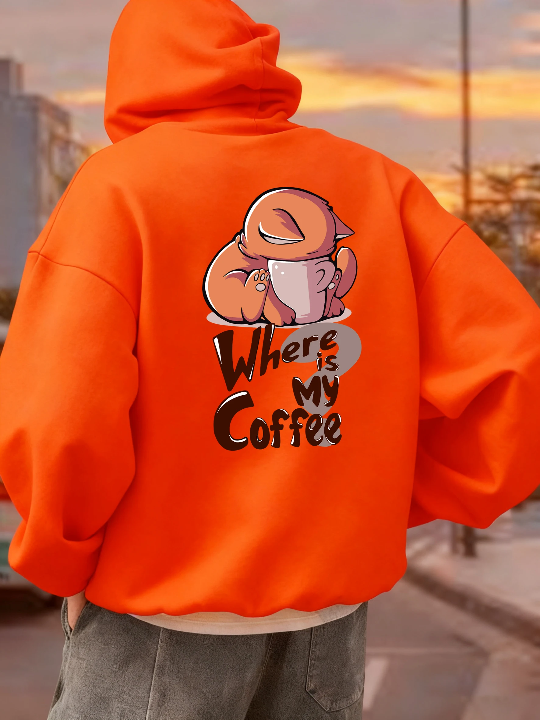 أين بلدي القهوة القط متعة الطباعة هوديس الذكور جيب عارضة الشارع الشهير الخريف الهيب هوب رجل البلوز الصوف مريحة هودي