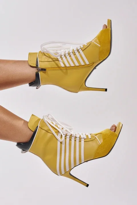 Women Yellow White Contrast Lace Up Open Toe Ankle Boot Sandals Side Zipper Stiletto Heel Sporty Shoes Plus Size 2026 New