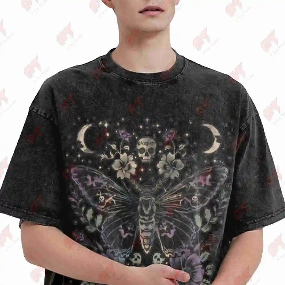 Gothic Moth Witchy Floral Skull Dark Romance Vintage Washed Tee Pure Cotton T-Shirt